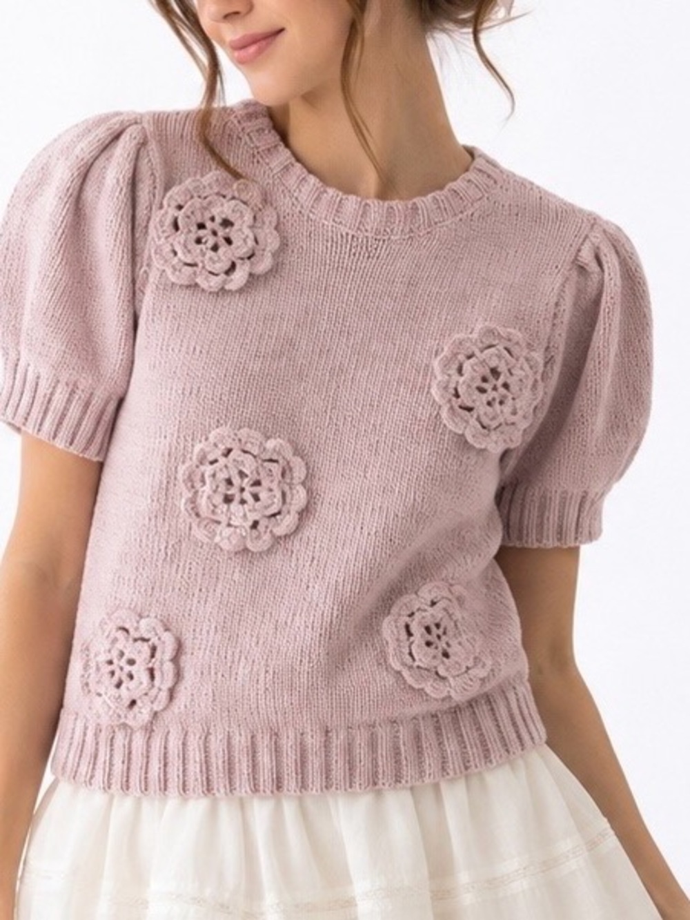 Greige dusty pink  Crochet Flower Puff Sleeve Sweater Cottagecore Coquette